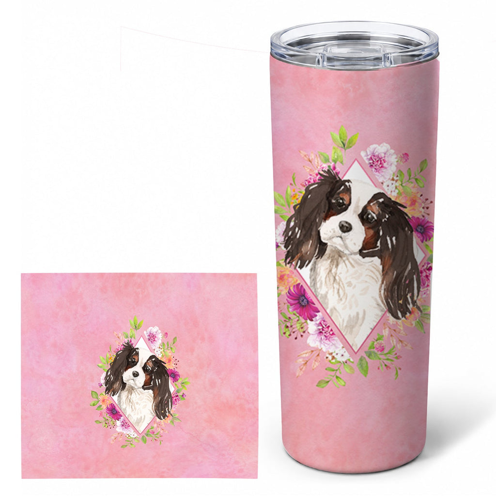 Tricolor Cavalier Spaniel Pink Flowers Stainless Steel Skinny Tumbler 20 oz Vacuum Double Walled Reusable Insulated Travel Cup