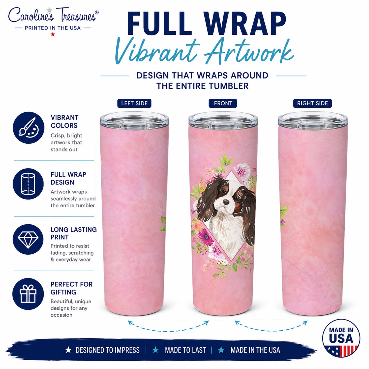 Tricolor Cavalier Spaniel Pink Flowers Stainless Steel Skinny Tumbler 20 oz Vacuum Double Walled Reusable Insulated Travel Cup