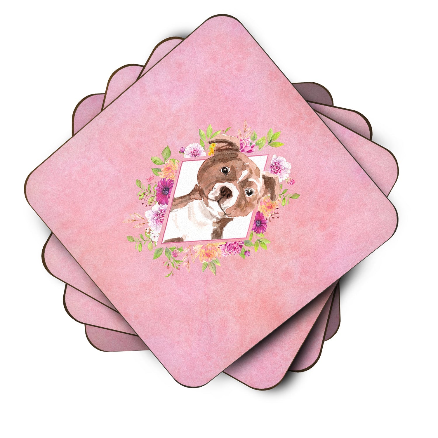 Staffie Bull Terrier Pink Flowers Foam Coasters Set of 4 Cup Coasters for Indoor Outdoor, Tabletop Protection, Anti Slip, Mouse pad Material