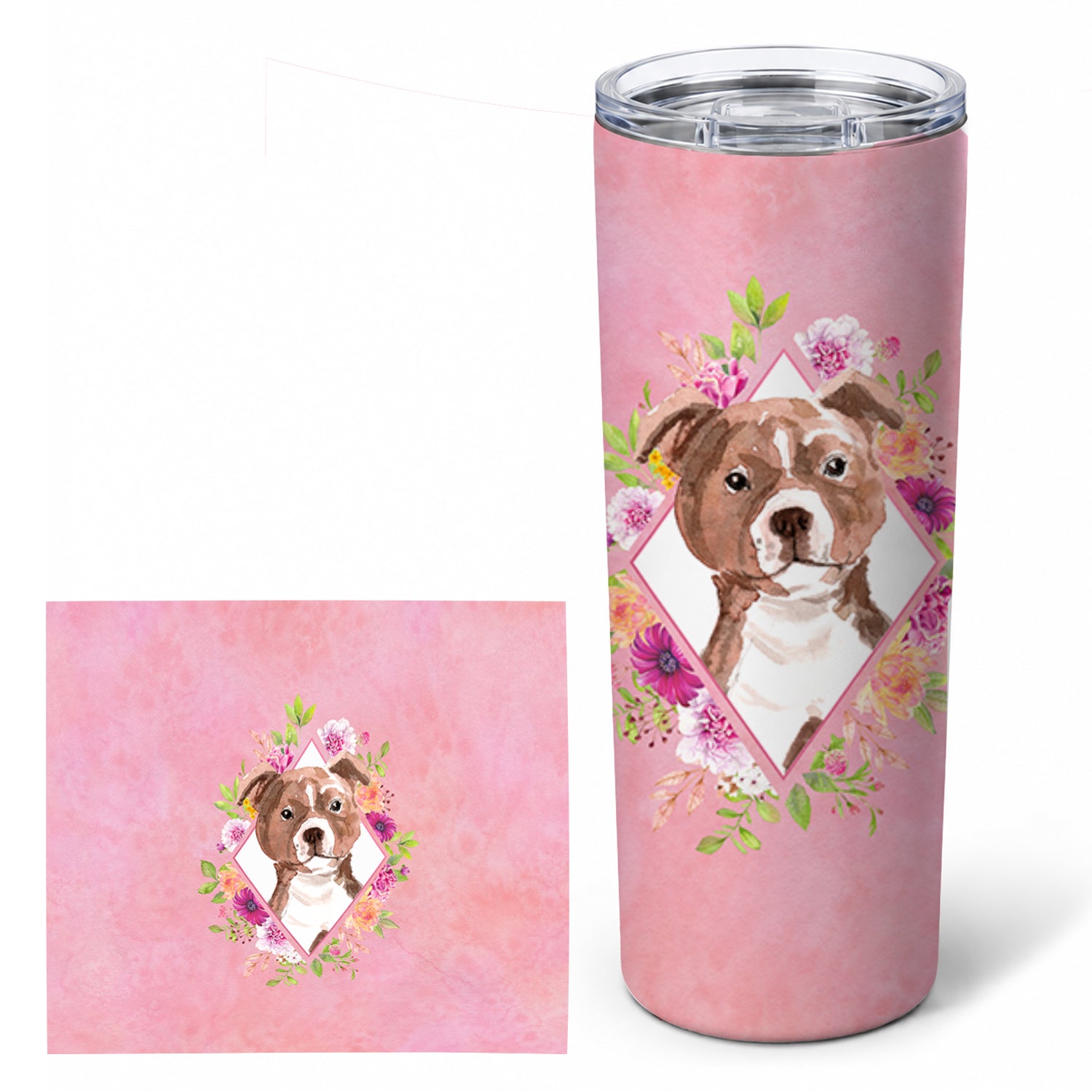 Staffie Bull Terrier Pink Flowers Stainless Steel Skinny Tumbler 20 oz Vacuum Double Walled Reusable Insulated Travel Cup