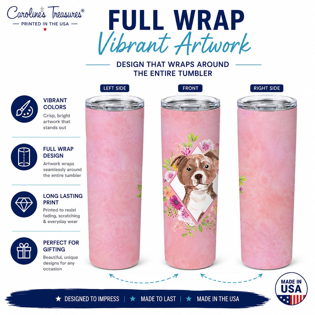 Staffie Bull Terrier Pink Flowers Stainless Steel Skinny Tumbler 20 oz Vacuum Double Walled Reusable Insulated Travel Cup