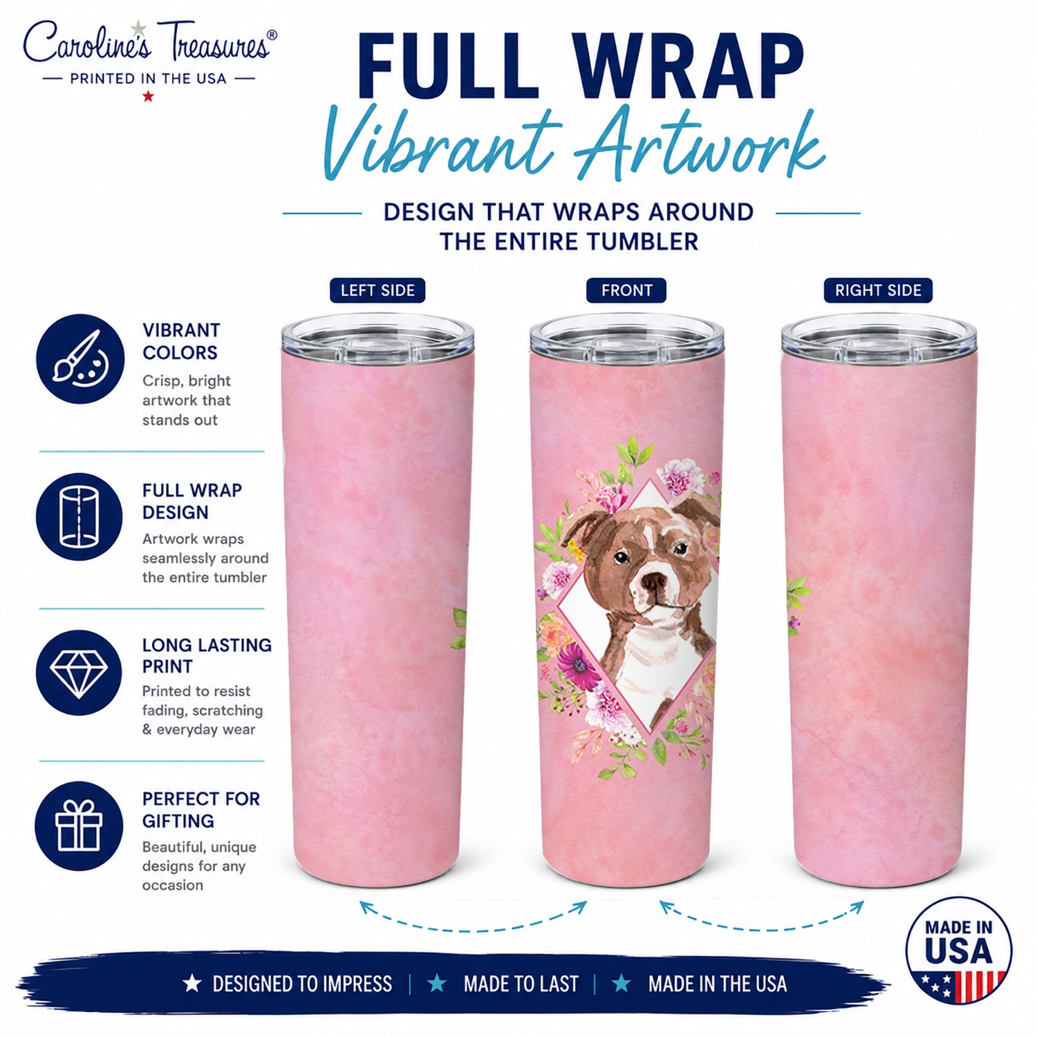 Staffie Bull Terrier Pink Flowers Stainless Steel Skinny Tumbler 20 oz Vacuum Double Walled Reusable Insulated Travel Cup