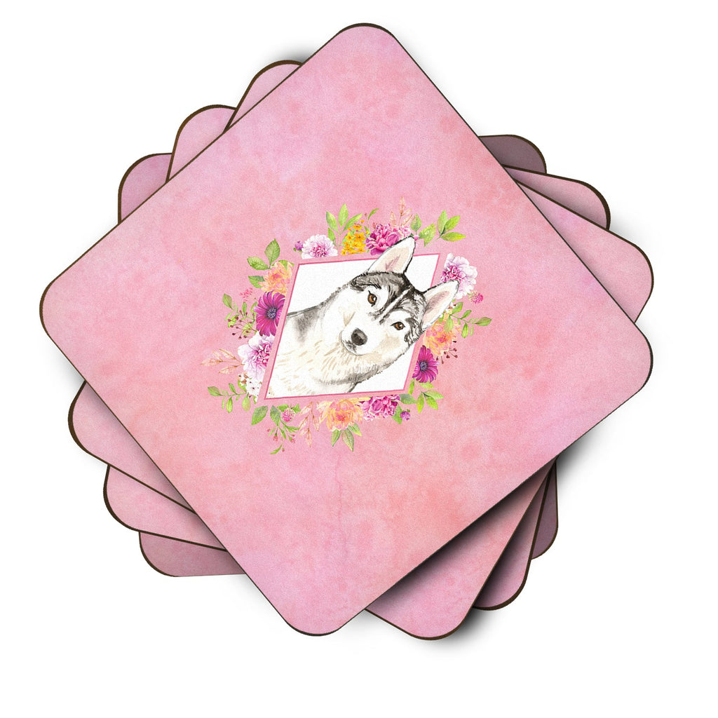Siberian Husky Pink Flowers Foam Coasters Set of 4 Cup Coasters for Indoor Outdoor, Tabletop Protection, Anti Slip, Mouse pad Material