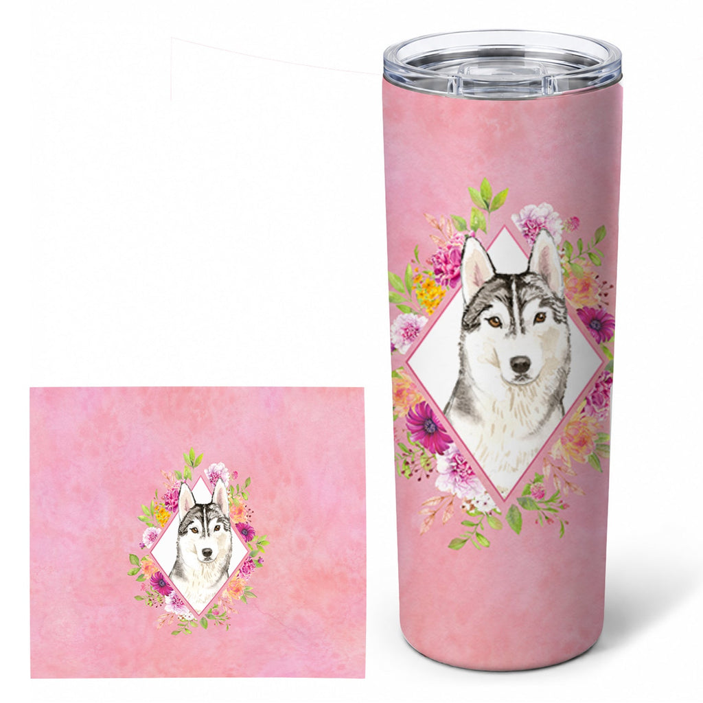 Siberian Husky Pink Flowers Stainless Steel Skinny Tumbler 20 oz Vacuum Double Walled Reusable Insulated Travel Cup