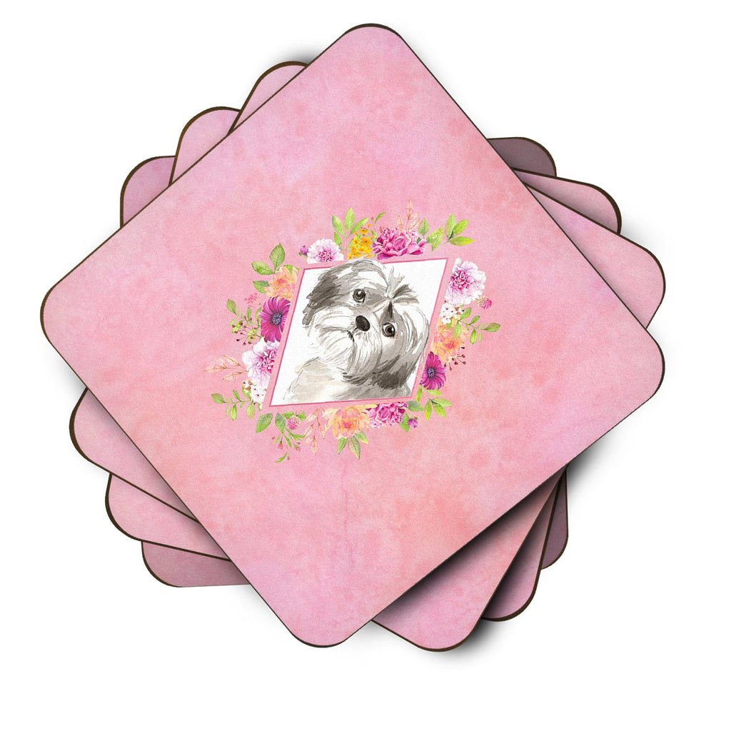 Shih Tzu Puppy Pink Flowers Foam Coasters Set of 4 Cup Coasters for Indoor Outdoor, Tabletop Protection, Anti Slip, Mouse pad Material