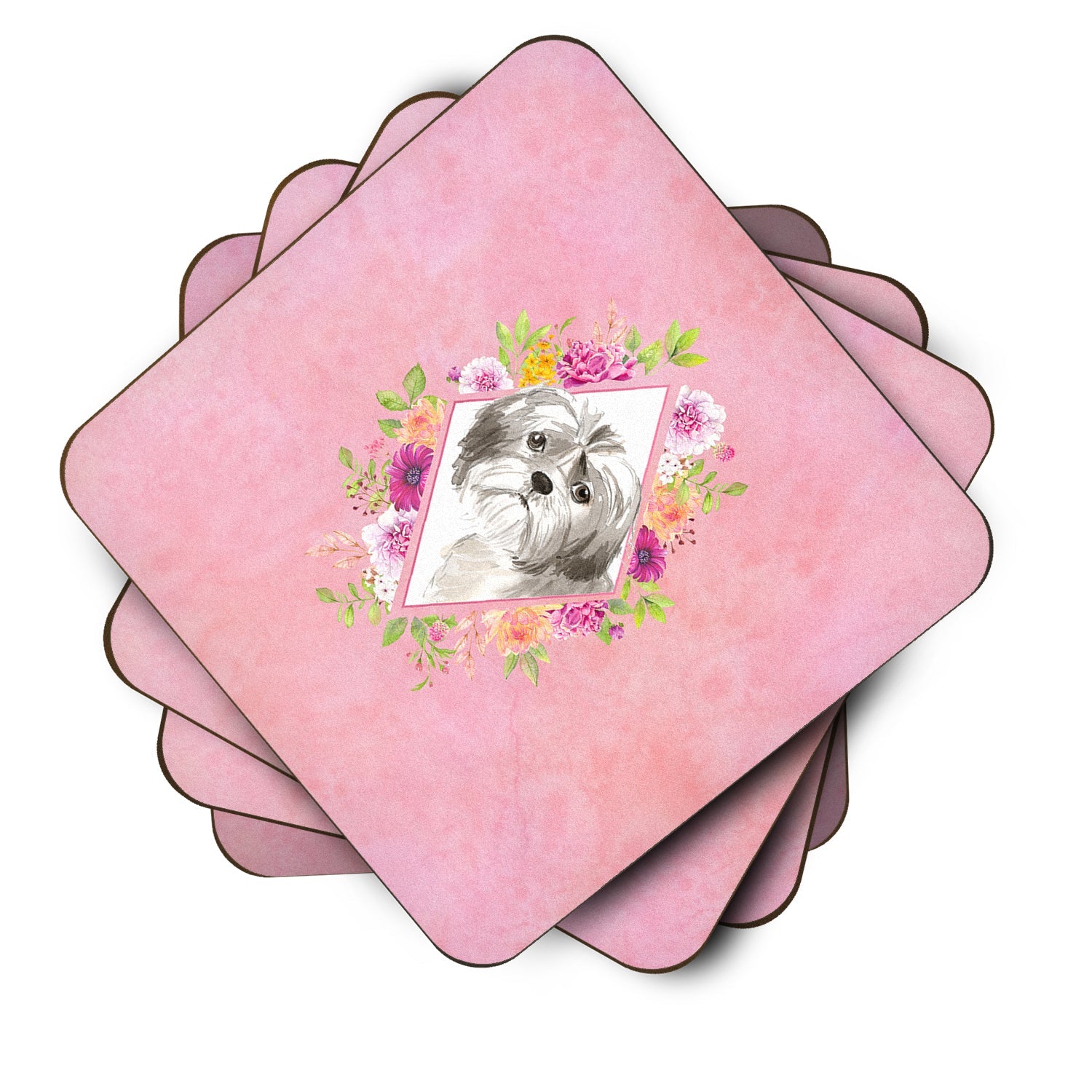 Shih Tzu Puppy Pink Flowers Foam Coasters Set of 4 Cup Coasters for Indoor Outdoor, Tabletop Protection, Anti Slip, Mouse pad Material