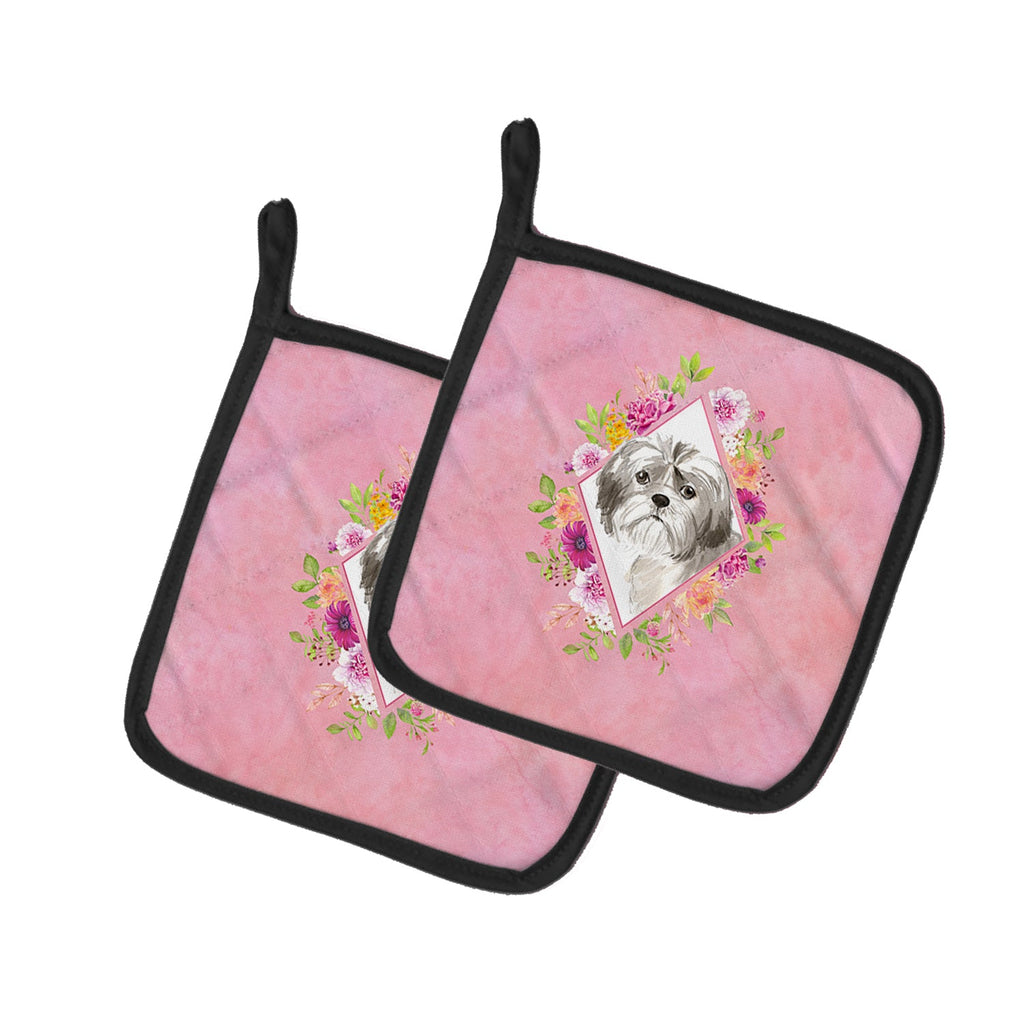 Shih Tzu Puppy Pink Flowers Pot Holder Set of 2 Heat Resistant Quilted Hot Pads 7.5 x 7.5 Inch, Insulated Kitchen Trivets for Cooking & Baking