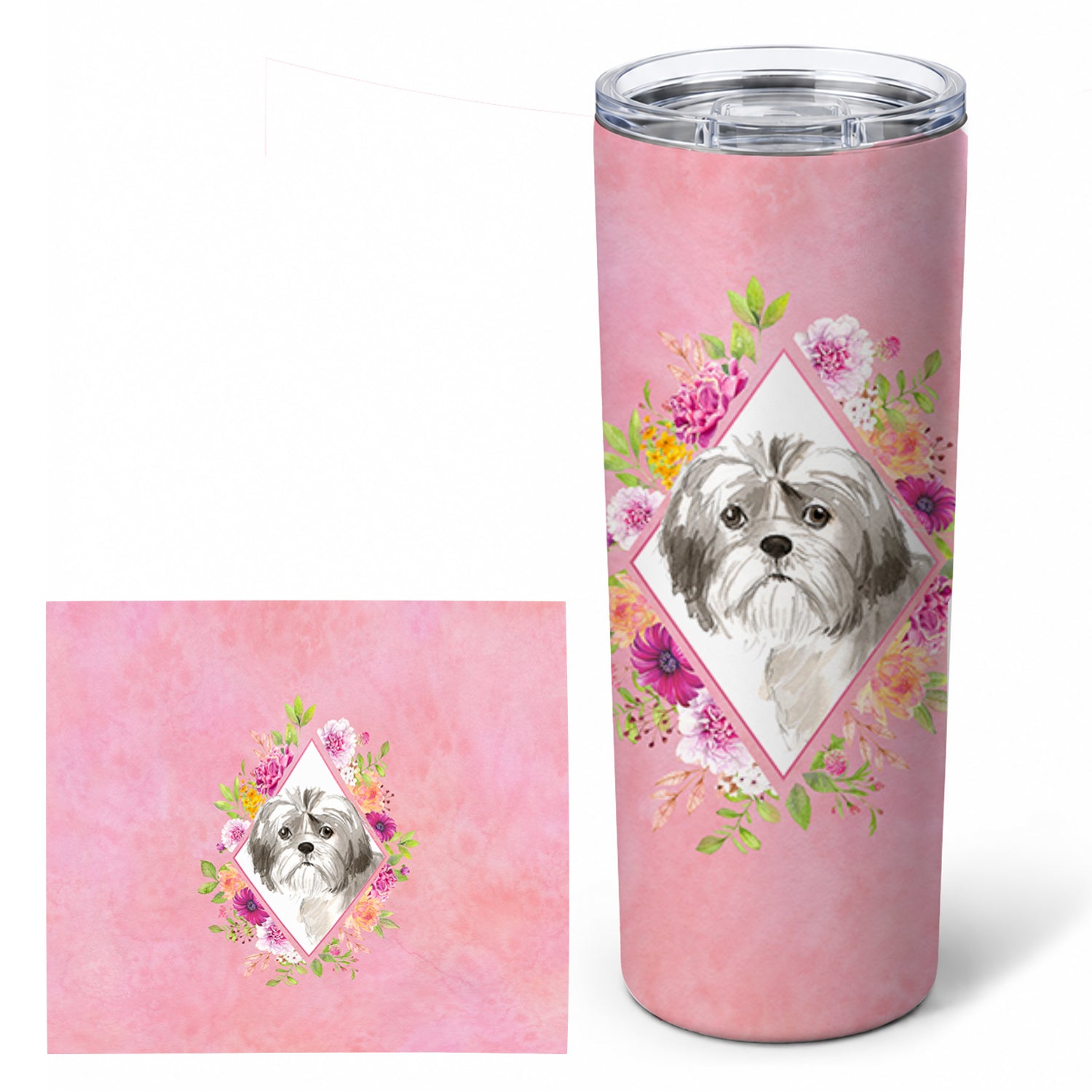 Shih Tzu Puppy Pink Flowers Stainless Steel Skinny Tumbler 20 oz Vacuum Double Walled Reusable Insulated Travel Cup