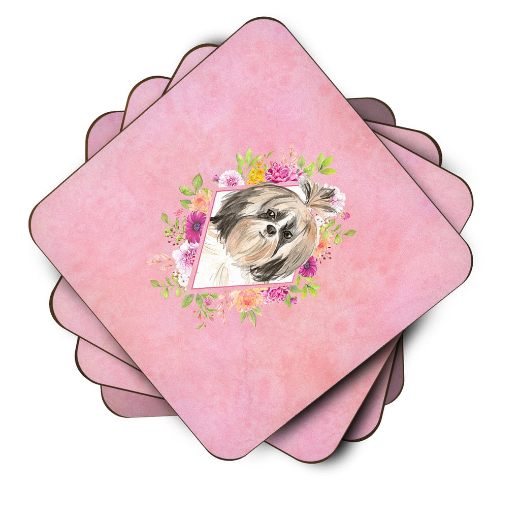 Shih Tzu Pink Flowers Foam Coasters Set of 4 Cup Coasters for Indoor Outdoor, Tabletop Protection, Anti Slip, Mouse pad Material