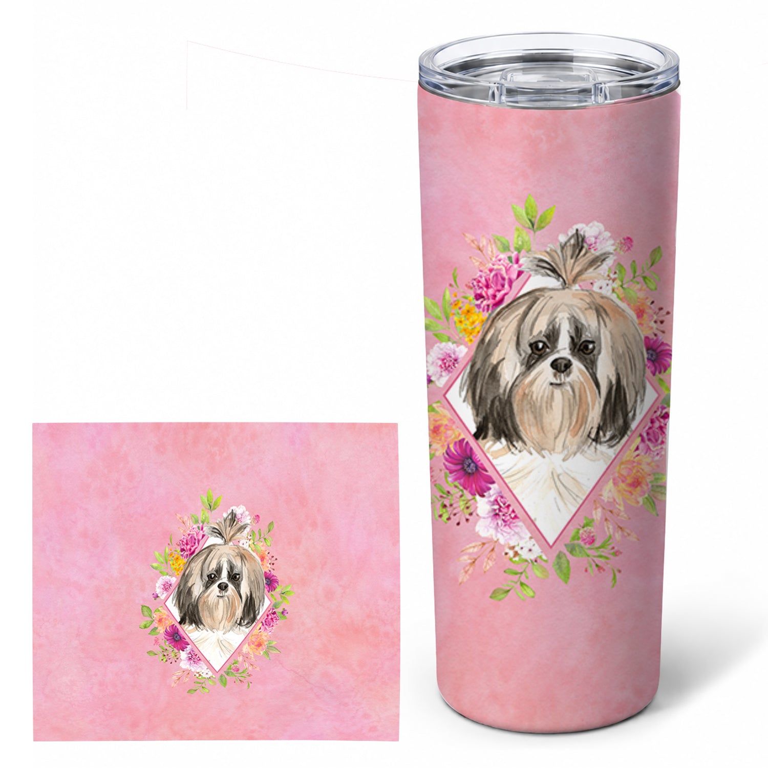 Shih Tzu Pink Flowers Stainless Steel Skinny Tumbler 20 oz Vacuum Double Walled Reusable Insulated Travel Cup