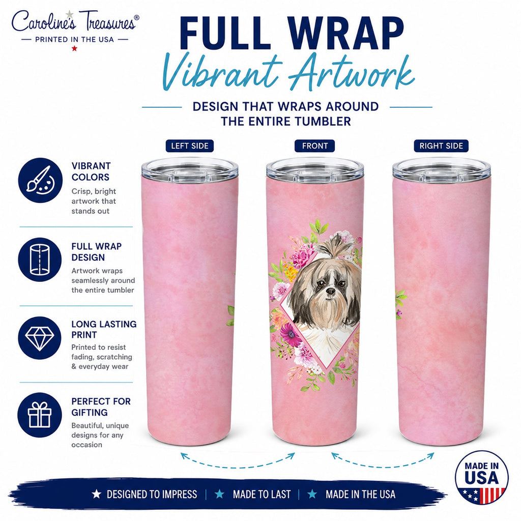 Shih Tzu Pink Flowers Stainless Steel Skinny Tumbler 20 oz Vacuum Double Walled Reusable Insulated Travel Cup