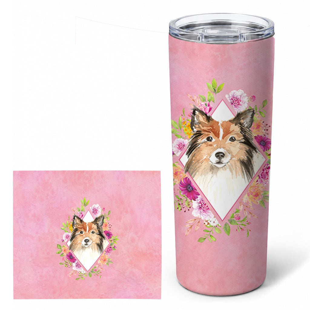 Sheltie Pink Flowers Stainless Steel Skinny Tumbler 20 oz Vacuum Double Walled Reusable Insulated Travel Cup