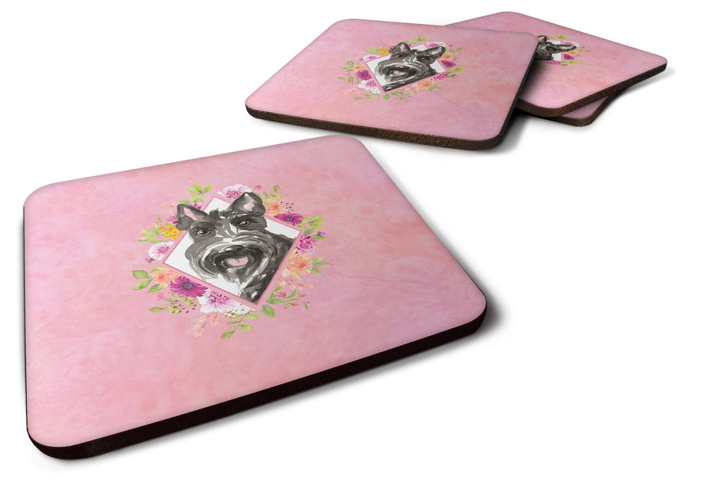 Scottish Terrier Pink Flowers Foam Coasters Set of 4 Cup Coasters for Indoor Outdoor, Tabletop Protection, Anti Slip, Mouse pad Material