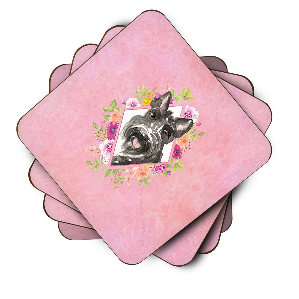 Scottish Terrier Pink Flowers Foam Coasters Set of 4 Cup Coasters for Indoor Outdoor, Tabletop Protection, Anti Slip, Mouse pad Material