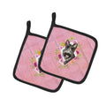 Scottish Terrier Pink Flowers Pot Holder Set of 2 Heat Resistant Quilted Hot Pads 7.5 x 7.5 Inch, Insulated Kitchen Trivets for Cooking & Baking