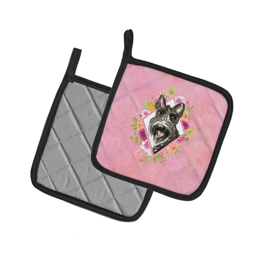 Scottish Terrier Pink Flowers Pot Holder Set of 2 Heat Resistant Quilted Hot Pads 7.5 x 7.5 Inch, Insulated Kitchen Trivets for Cooking & Baking