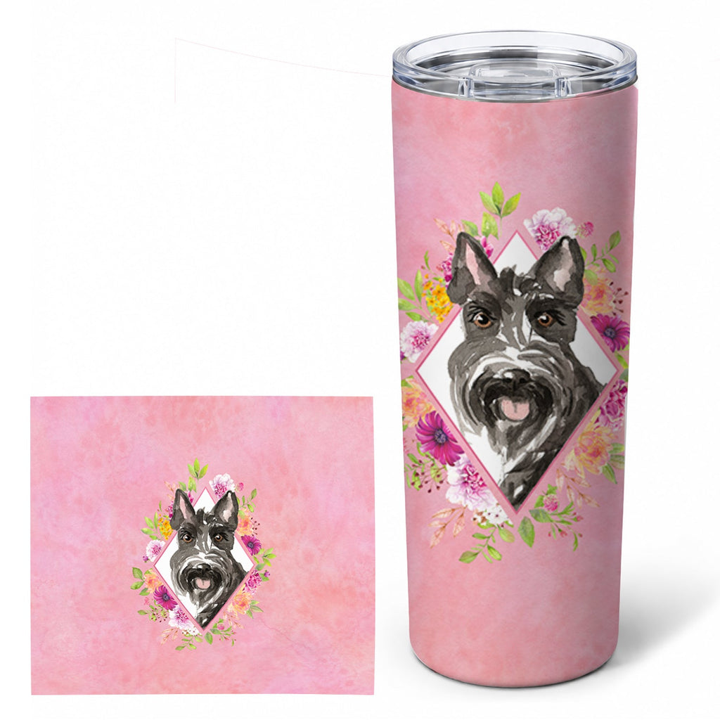 Scottish Terrier Pink Flowers Stainless Steel Skinny Tumbler 20 oz Vacuum Double Walled Reusable Insulated Travel Cup