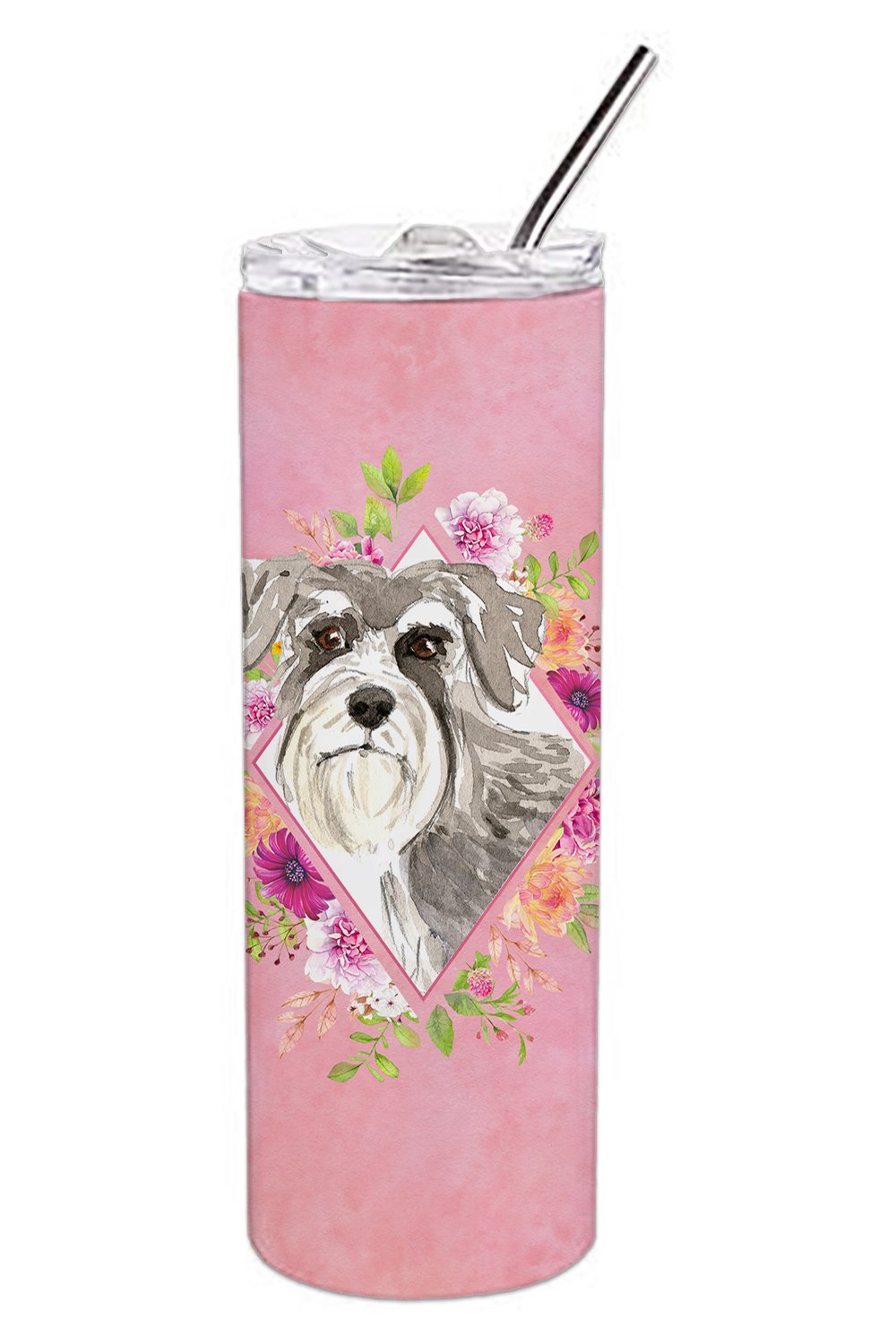 Schnauzer #1 Pink Flowers Stainless Steel Skinny Tumbler 20 oz Vacuum Double Walled Reusable Insulated Travel Cup