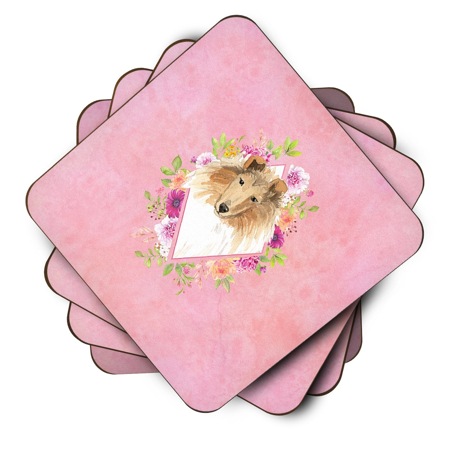 Collie Pink Flowers Foam Coasters Set of 4 Cup Coasters for Indoor Outdoor, Tabletop Protection, Anti Slip, Mouse pad Material