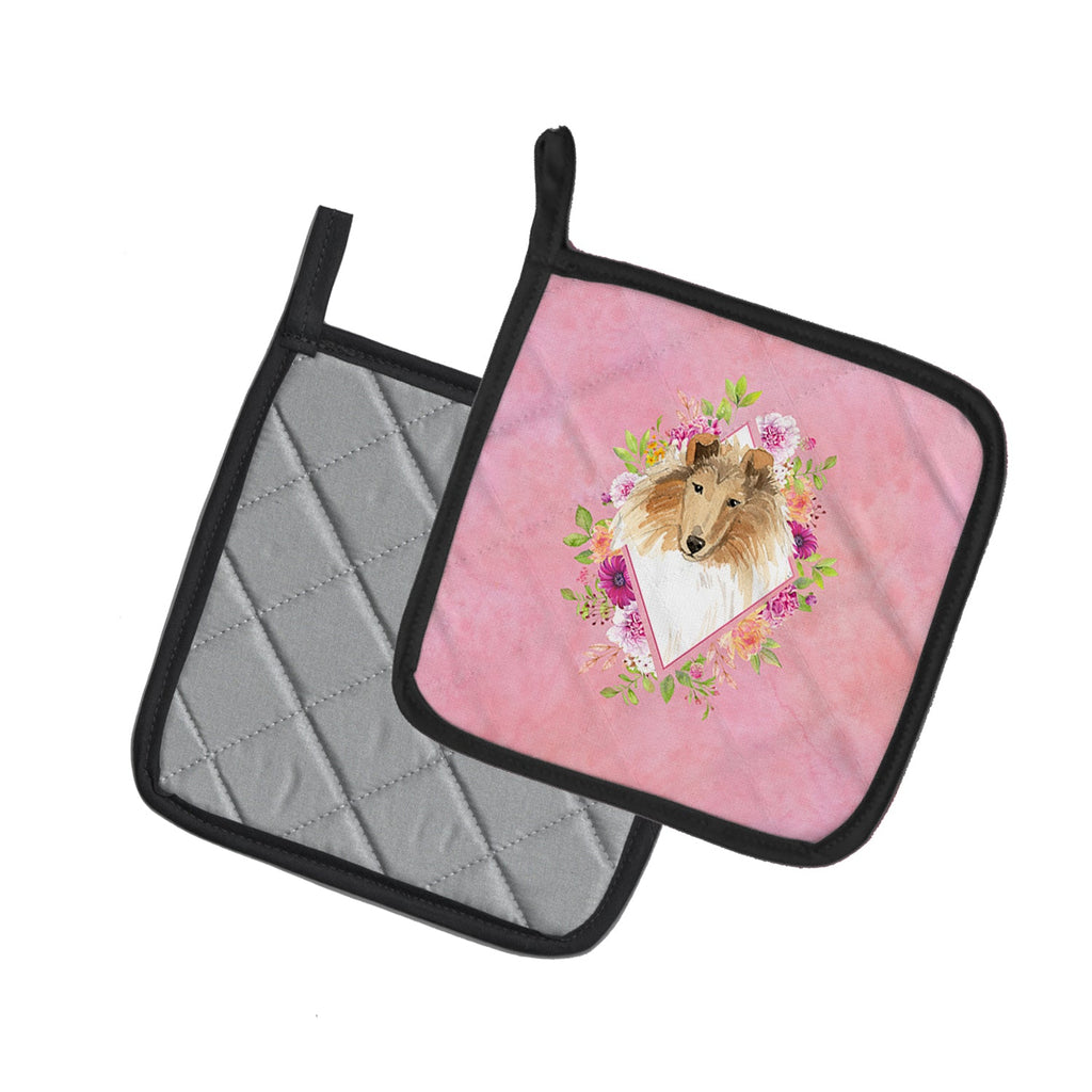 Collie Pink Flowers Pot Holder Set of 2 Heat Resistant Quilted Hot Pads 7.5 x 7.5 Inch, Insulated Kitchen Trivets for Cooking & Baking