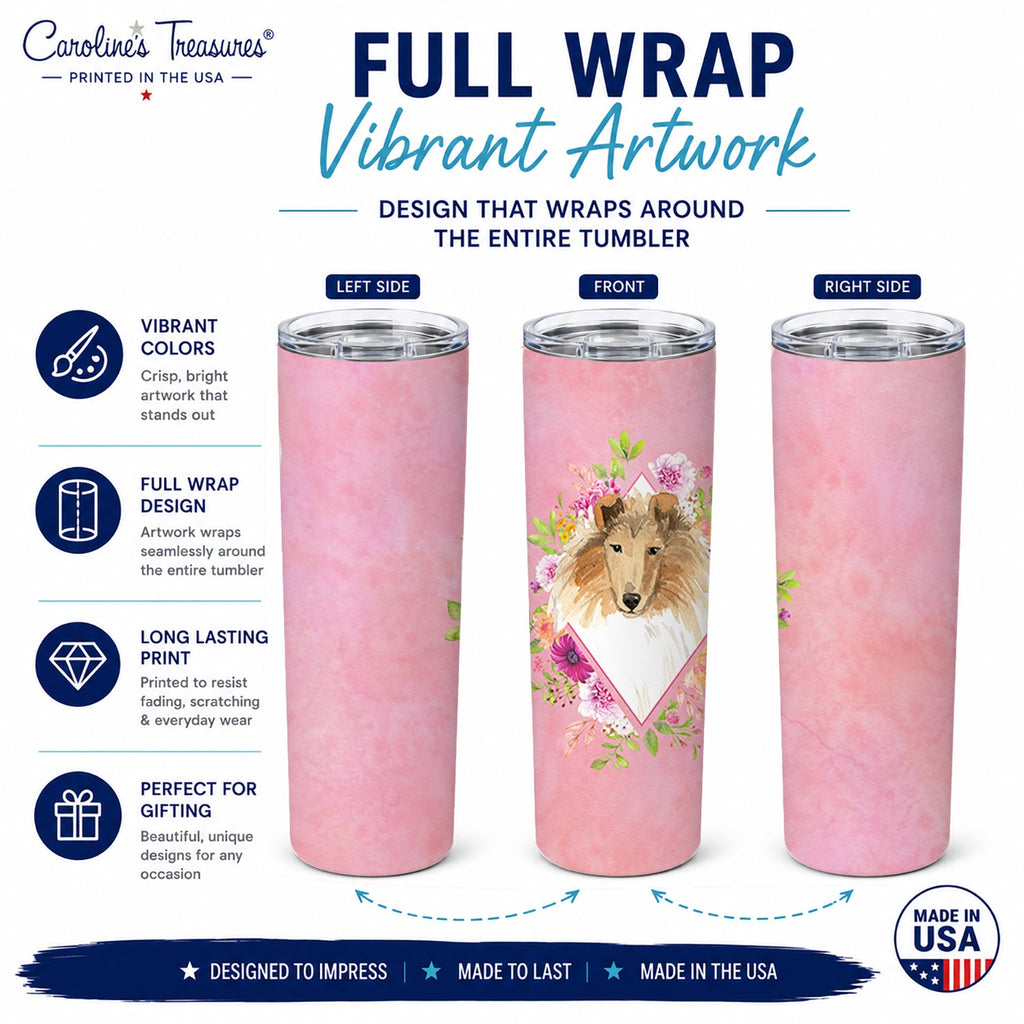 Collie Pink Flowers Stainless Steel Skinny Tumbler 20 oz Vacuum Double Walled Reusable Insulated Travel Cup
