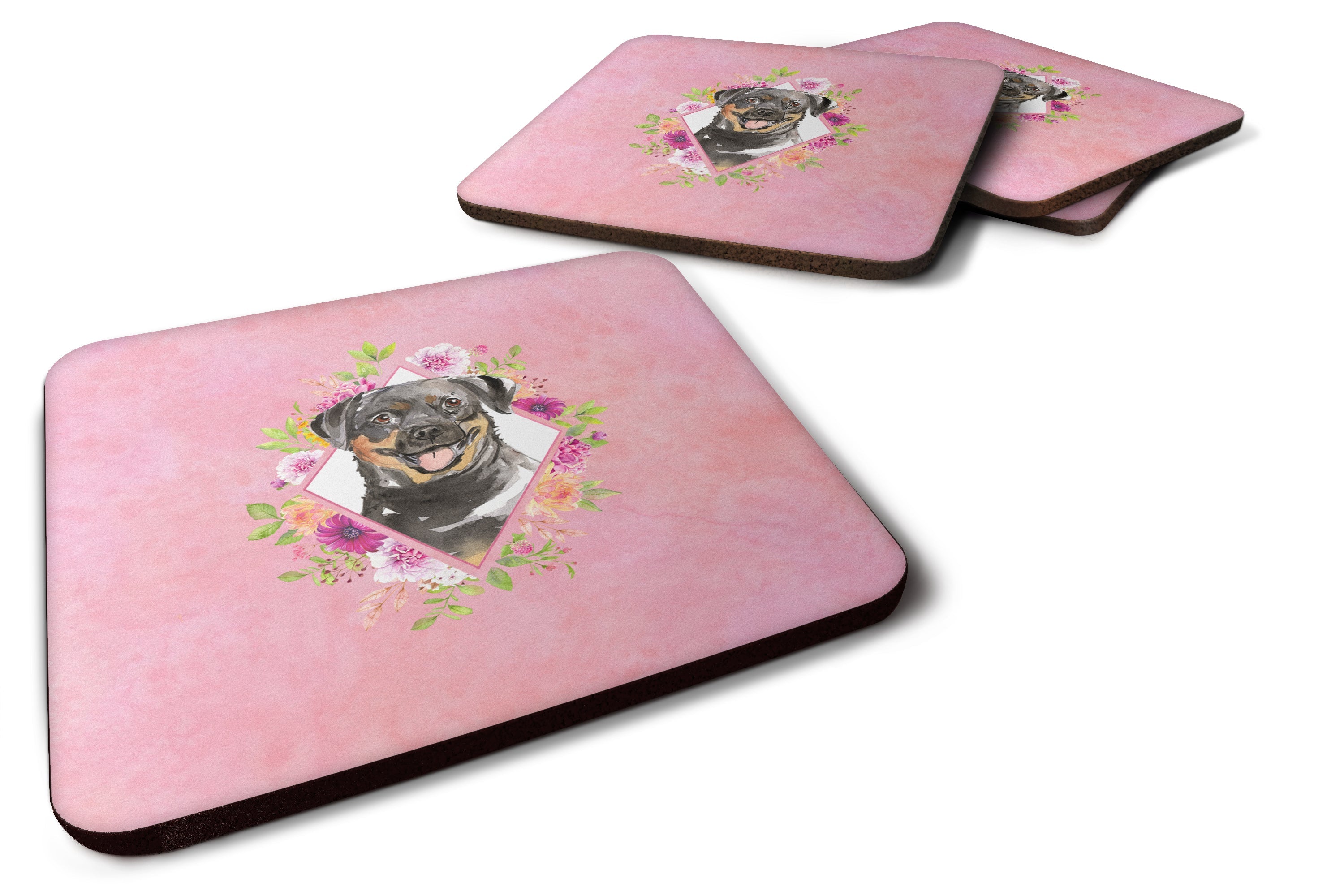 Rottweiler Pink Flowers Foam Coasters Set of 4 Cup Coasters for Indoor Outdoor, Tabletop Protection, Anti Slip, Mouse pad Material