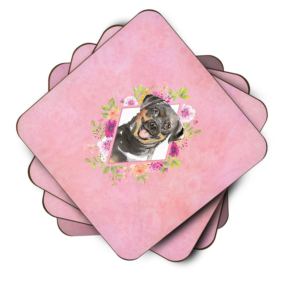 Rottweiler Pink Flowers Foam Coasters Set of 4 Cup Coasters for Indoor Outdoor, Tabletop Protection, Anti Slip, Mouse pad Material