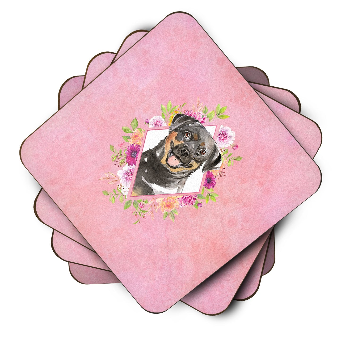 Rottweiler Pink Flowers Foam Coasters Set of 4 Cup Coasters for Indoor Outdoor, Tabletop Protection, Anti Slip, Mouse pad Material