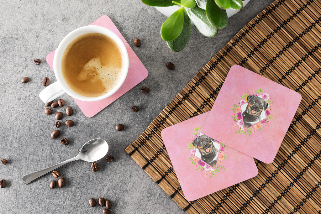 Rottweiler Pink Flowers Foam Coasters Set of 4 Cup Coasters for Indoor Outdoor, Tabletop Protection, Anti Slip, Mouse pad Material