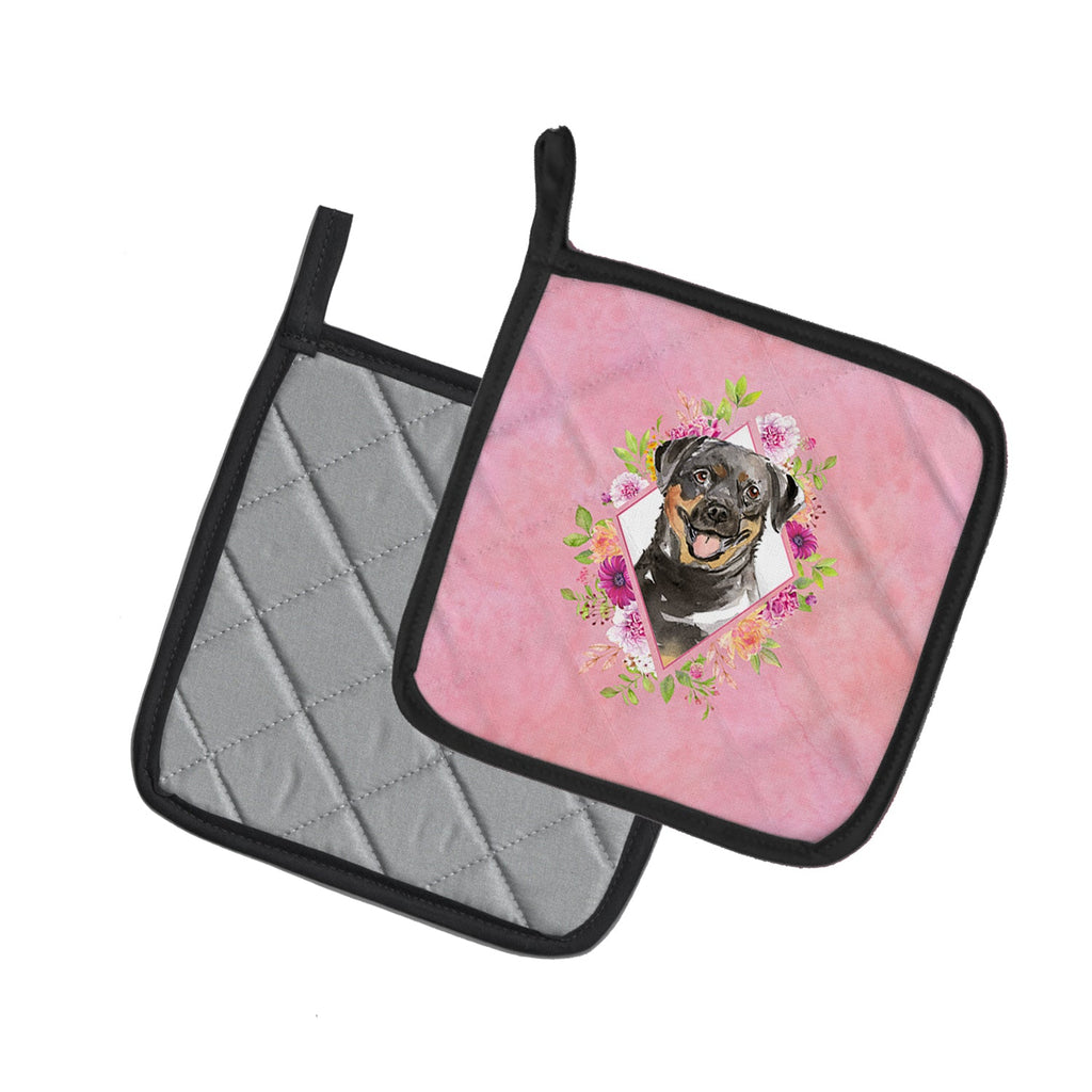 Rottweiler Pink Flowers Pot Holder Set of 2 Heat Resistant Quilted Hot Pads 7.5 x 7.5 Inch, Insulated Kitchen Trivets for Cooking & Baking