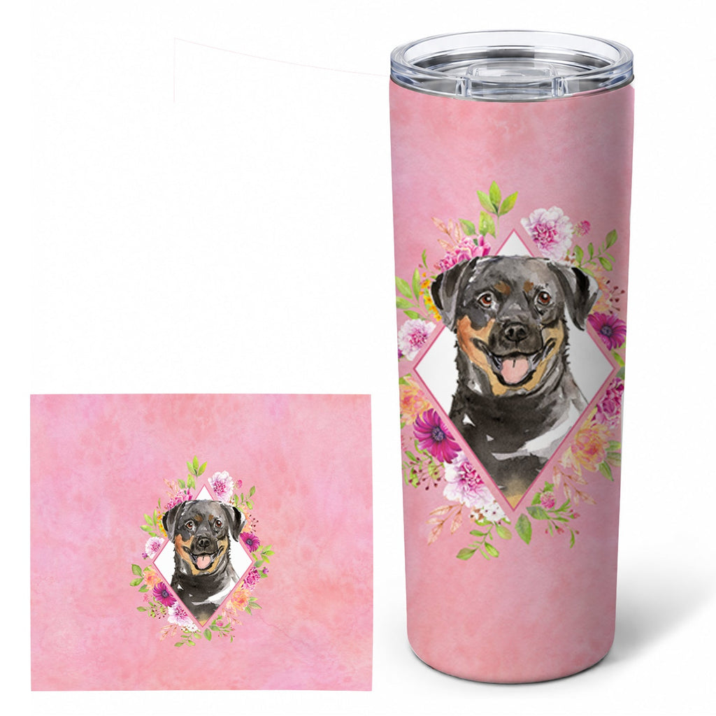 Rottweiler Pink Flowers Stainless Steel Skinny Tumbler 20 oz Vacuum Double Walled Reusable Insulated Travel Cup