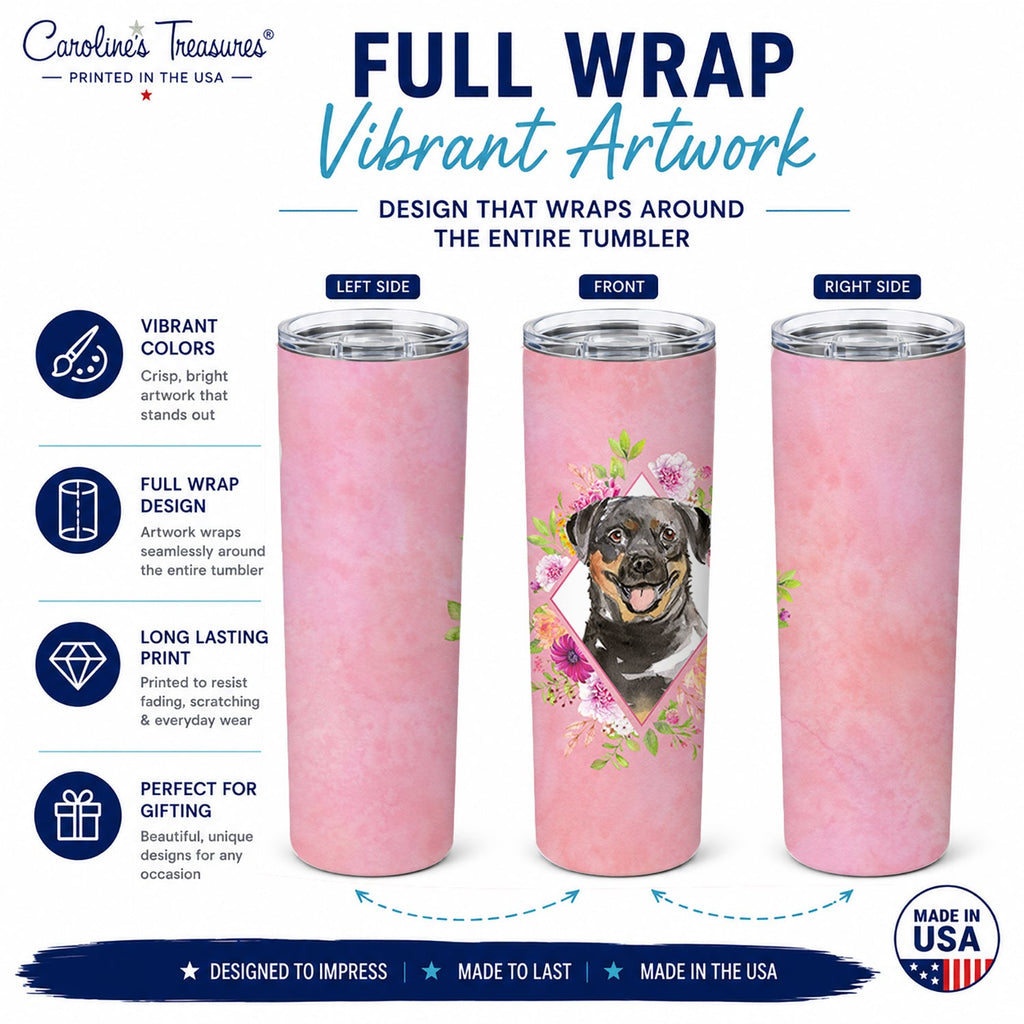 Rottweiler Pink Flowers Stainless Steel Skinny Tumbler 20 oz Vacuum Double Walled Reusable Insulated Travel Cup