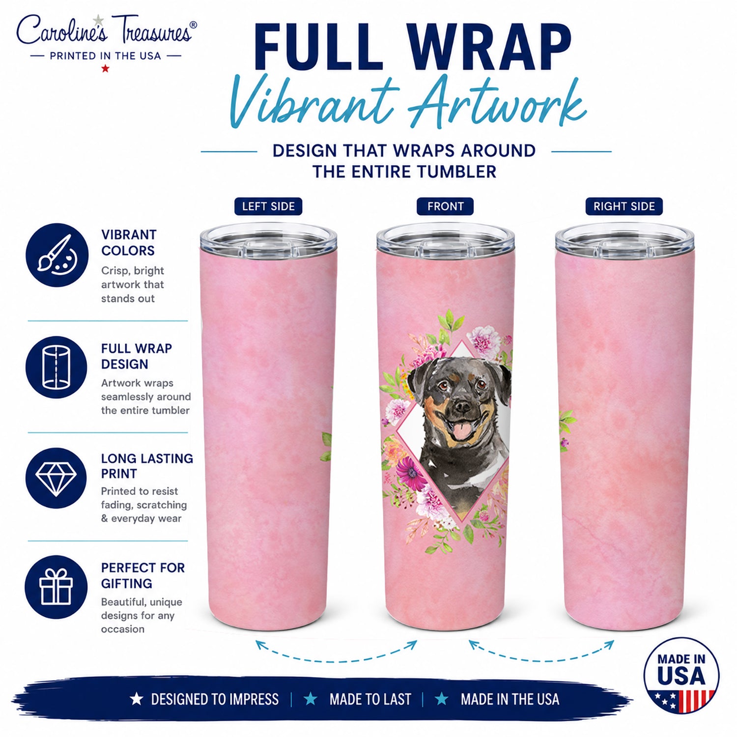 Rottweiler Pink Flowers Stainless Steel Skinny Tumbler 20 oz Vacuum Double Walled Reusable Insulated Travel Cup