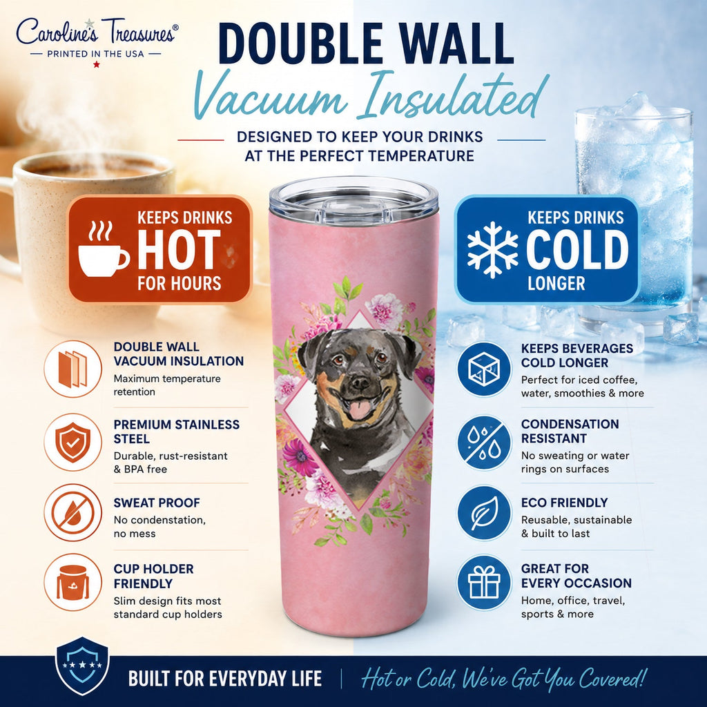 Rottweiler Pink Flowers Stainless Steel Skinny Tumbler 20 oz Vacuum Double Walled Reusable Insulated Travel Cup