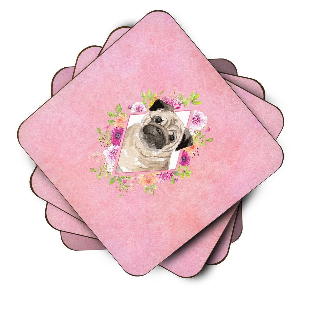 Fawn Pug Pink Flowers Foam Coasters Set of 4 Cup Coasters for Indoor Outdoor, Tabletop Protection, Anti Slip, Mouse pad Material