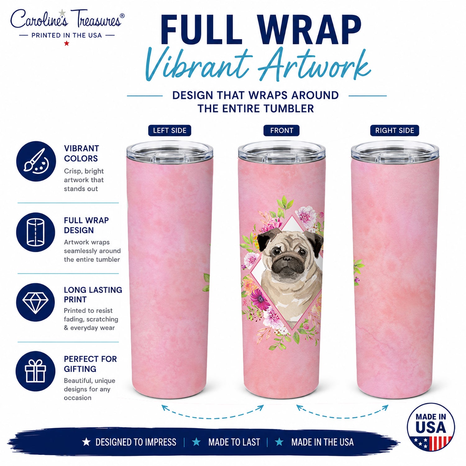 Fawn Pug Pink Flowers Stainless Steel Skinny Tumbler 20 oz Vacuum Double Walled Reusable Insulated Travel Cup