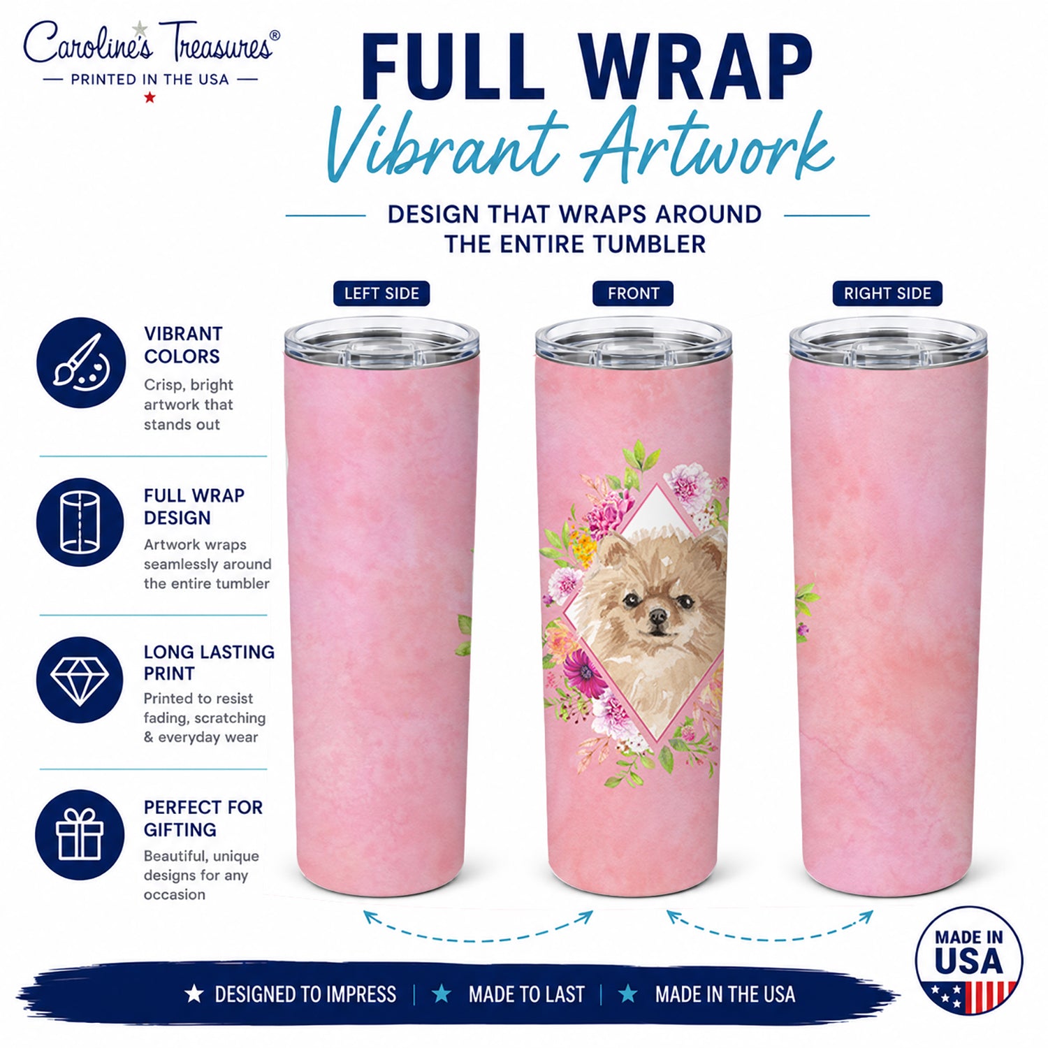 Pomeranian Pink Flowers Stainless Steel Skinny Tumbler 20 oz Vacuum Double Walled Reusable Insulated Travel Cup