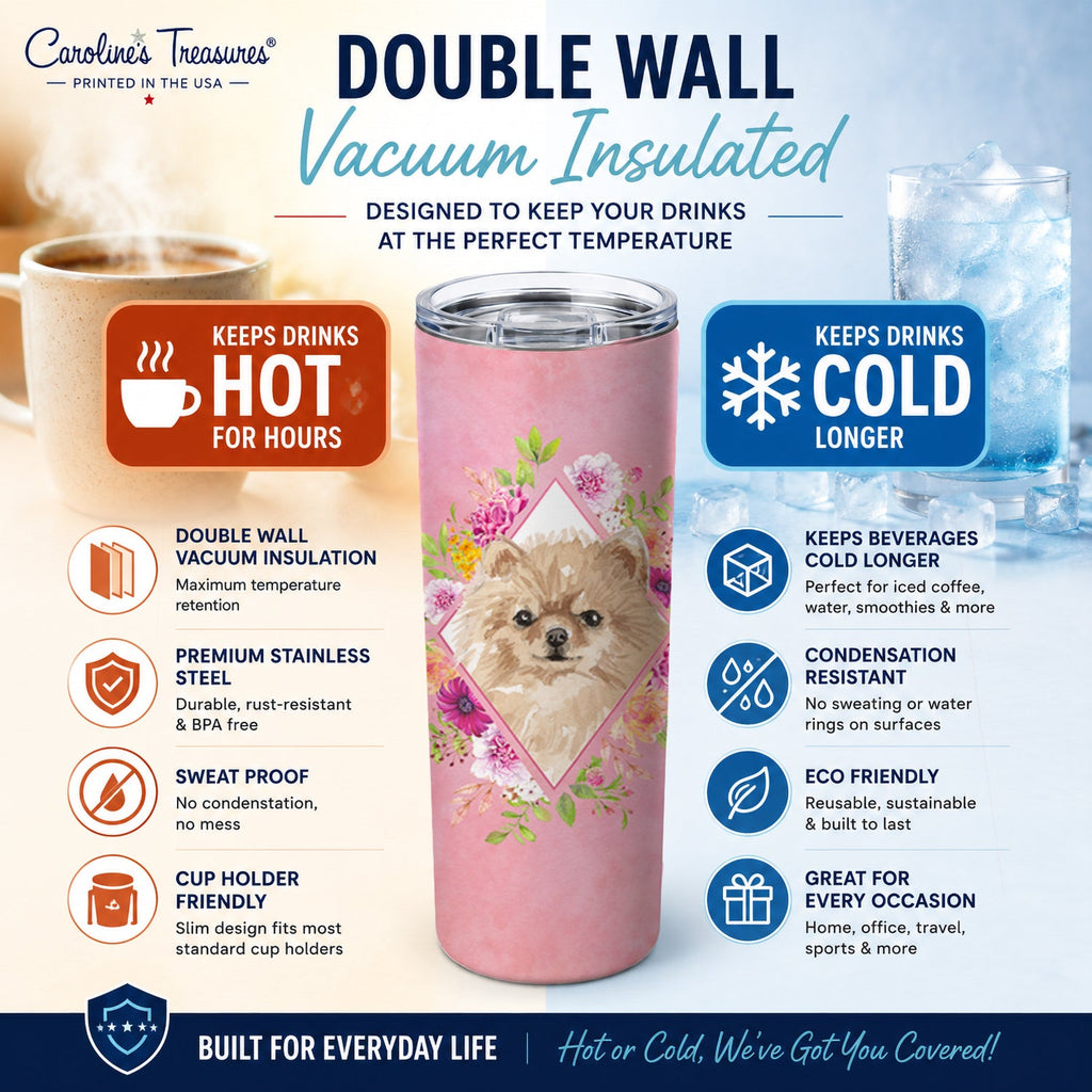 Pomeranian Pink Flowers Stainless Steel Skinny Tumbler 20 oz Vacuum Double Walled Reusable Insulated Travel Cup