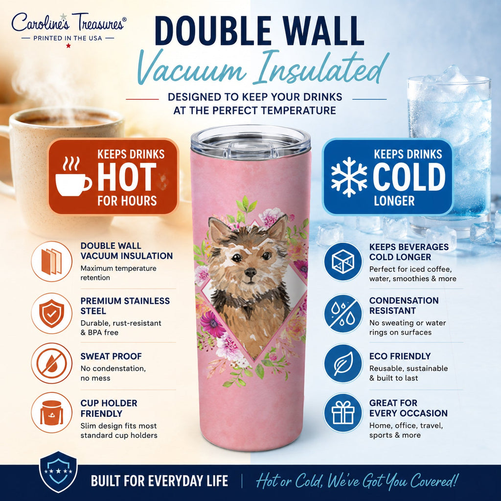 Norwich Terrier Pink Flowers Stainless Steel Skinny Tumbler 20 oz Vacuum Double Walled Reusable Insulated Travel Cup