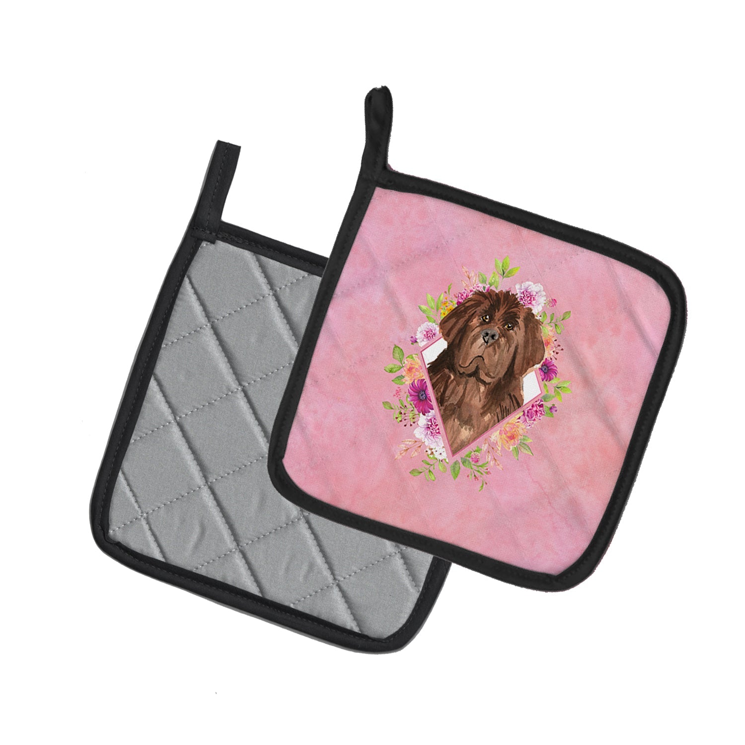 Newfoundland Pink Flowers Pot Holder Set of 2 Heat Resistant Quilted Hot Pads 7.5 x 7.5 Inch, Insulated Kitchen Trivets for Cooking & Baking