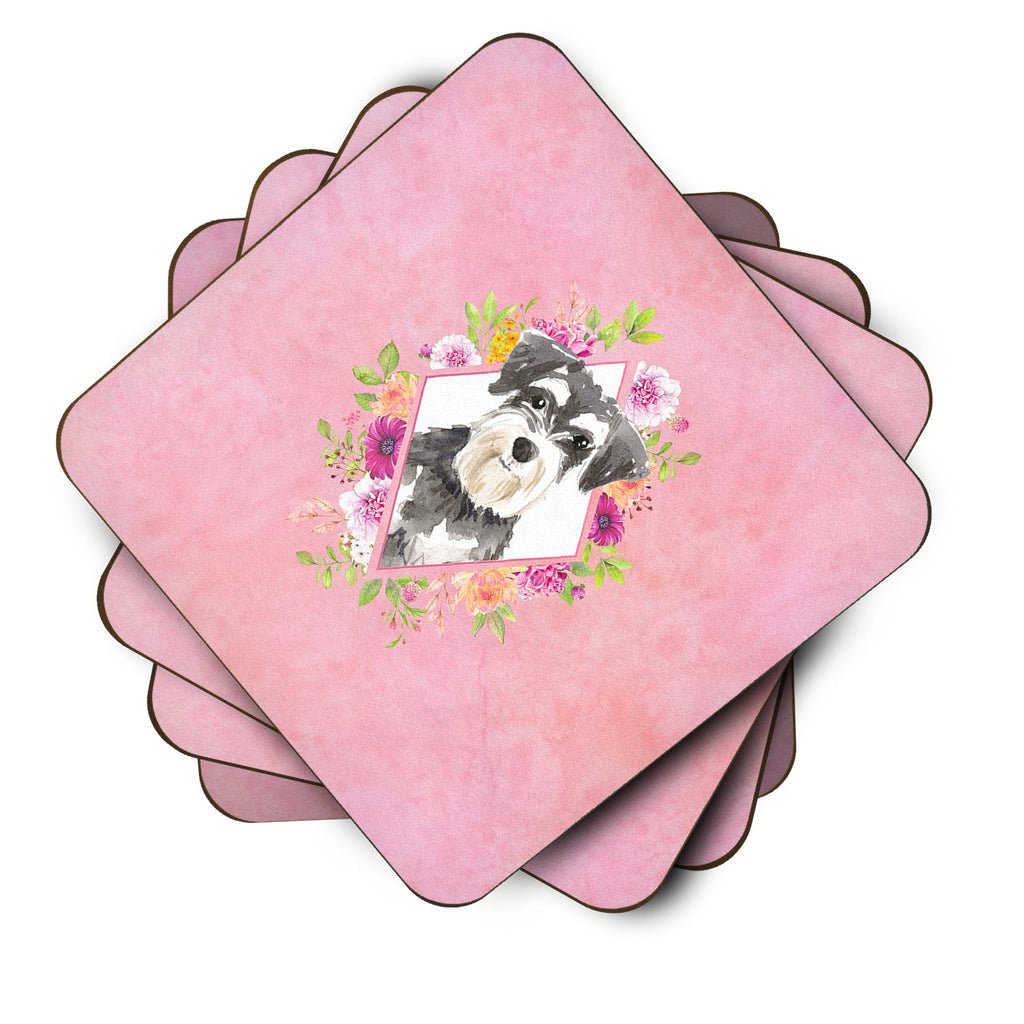Schnauzer #2 Pink Flowers Foam Coasters Set of 4 Cup Coasters for Indoor Outdoor, Tabletop Protection, Anti Slip, Mouse pad Material