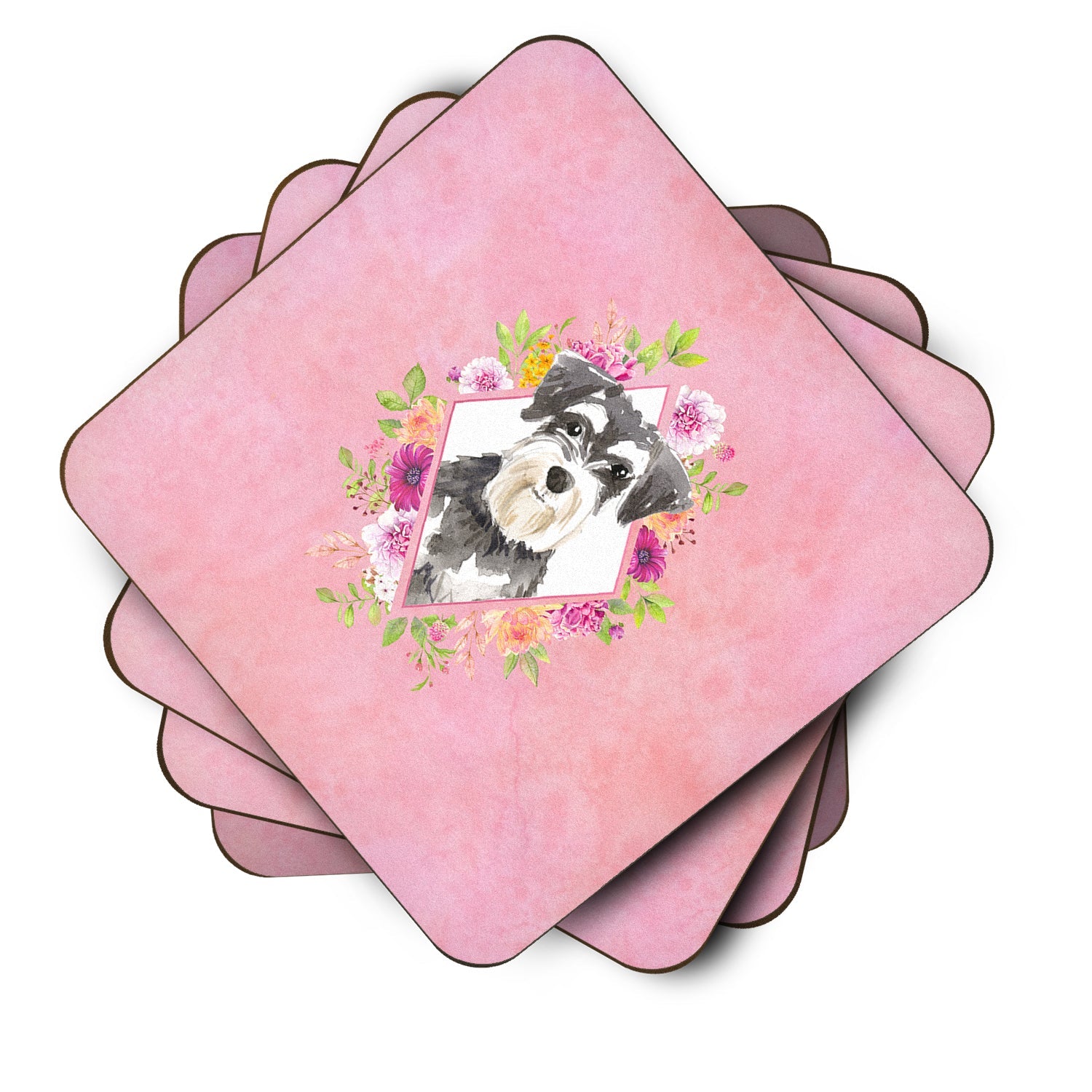 Schnauzer #2 Pink Flowers Foam Coasters Set of 4 Cup Coasters for Indoor Outdoor, Tabletop Protection, Anti Slip, Mouse pad Material