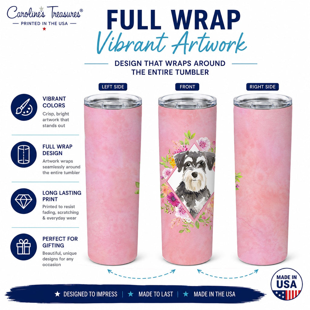 Schnauzer #2 Pink Flowers Stainless Steel Skinny Tumbler 20 oz Vacuum Double Walled Reusable Insulated Travel Cup
