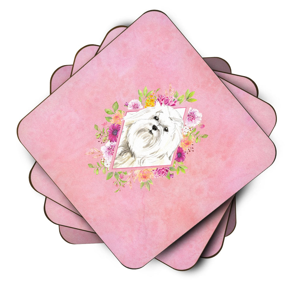 Maltese Pink Flowers Foam Coasters Set of 4 Cup Coasters for Indoor Outdoor, Tabletop Protection, Anti Slip, Mouse pad Material