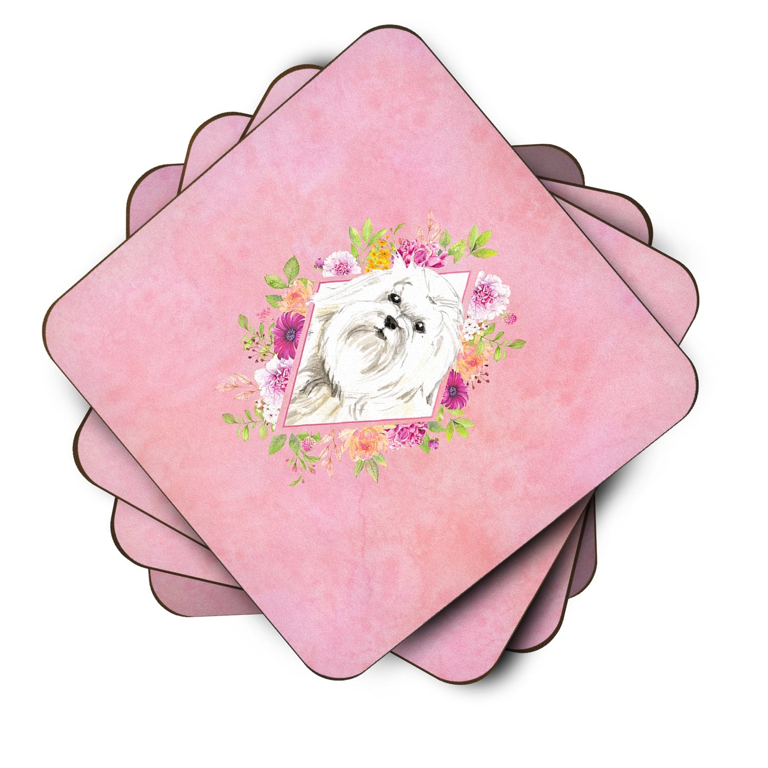 Maltese Pink Flowers Foam Coasters Set of 4 Cup Coasters for Indoor Outdoor, Tabletop Protection, Anti Slip, Mouse pad Material