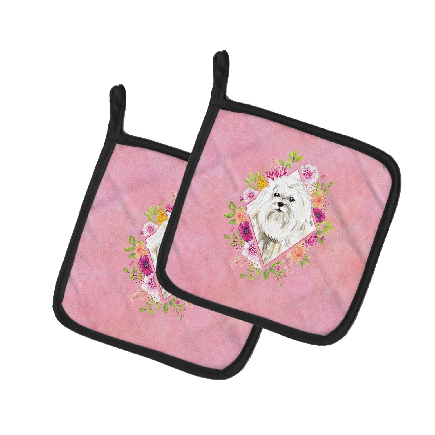 Maltese Pink Flowers Pot Holder Set of 2 Heat Resistant Quilted Hot Pads 7.5 x 7.5 Inch, Insulated Kitchen Trivets for Cooking & Baking
