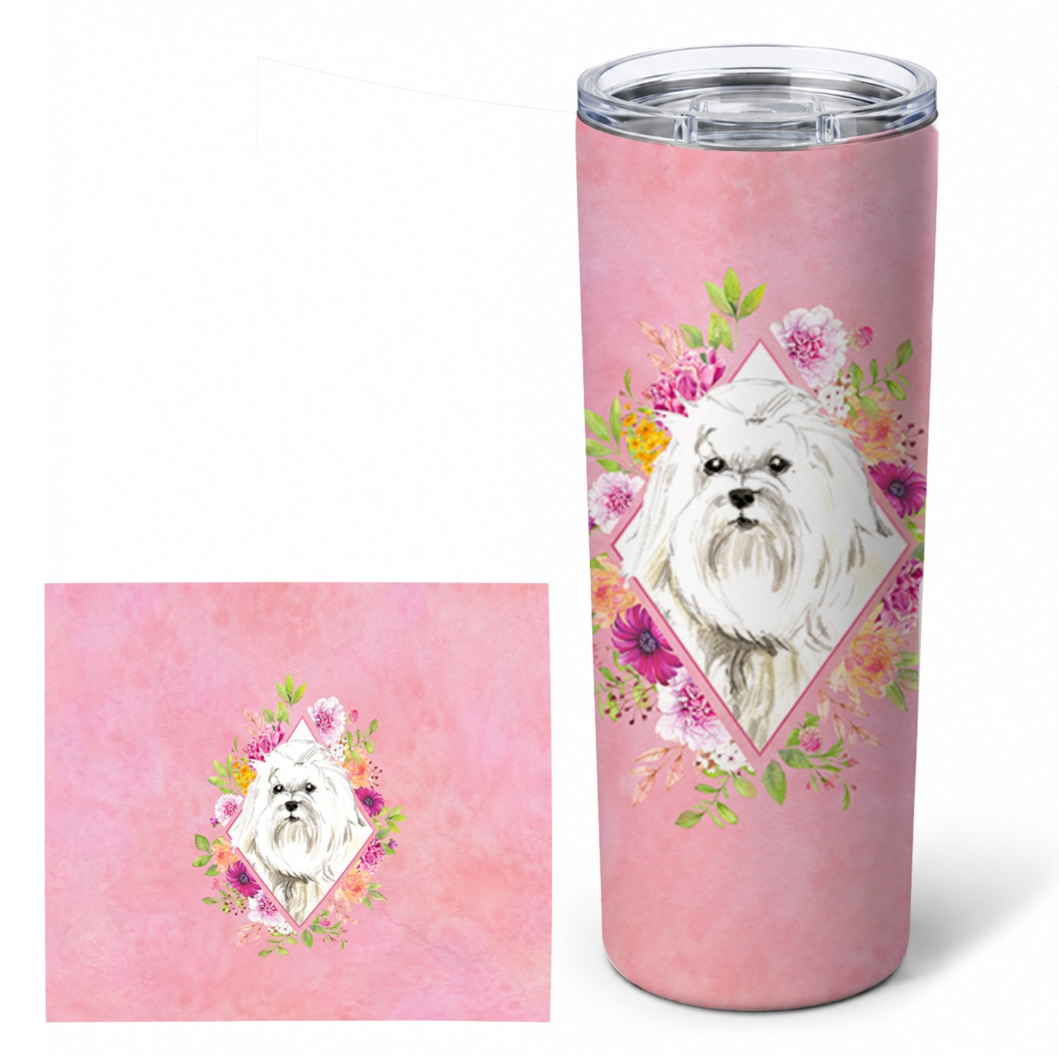 Maltese Pink Flowers Stainless Steel Skinny Tumbler 20 oz Vacuum Double Walled Reusable Insulated Travel Cup