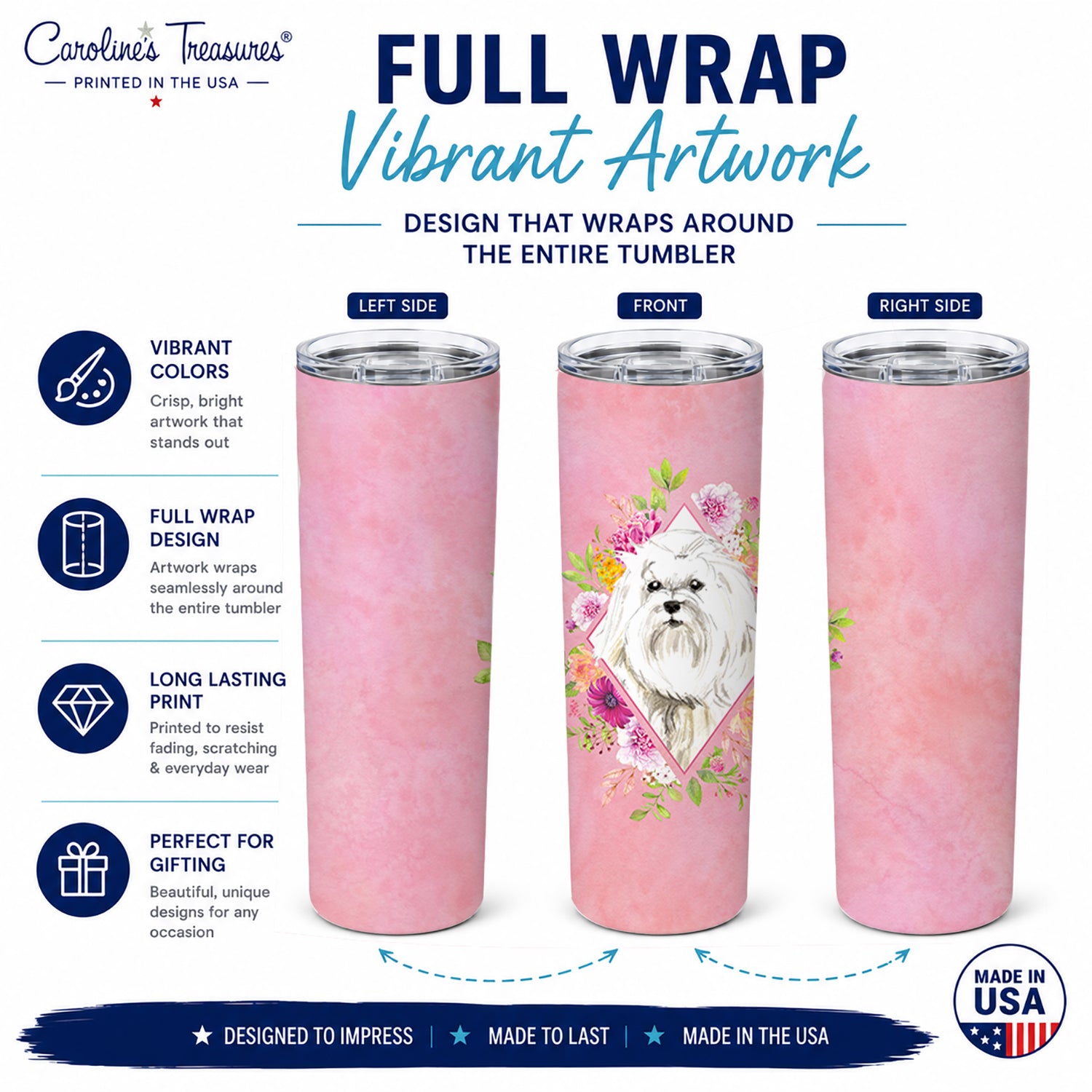 Maltese Pink Flowers Stainless Steel Skinny Tumbler 20 oz Vacuum Double Walled Reusable Insulated Travel Cup