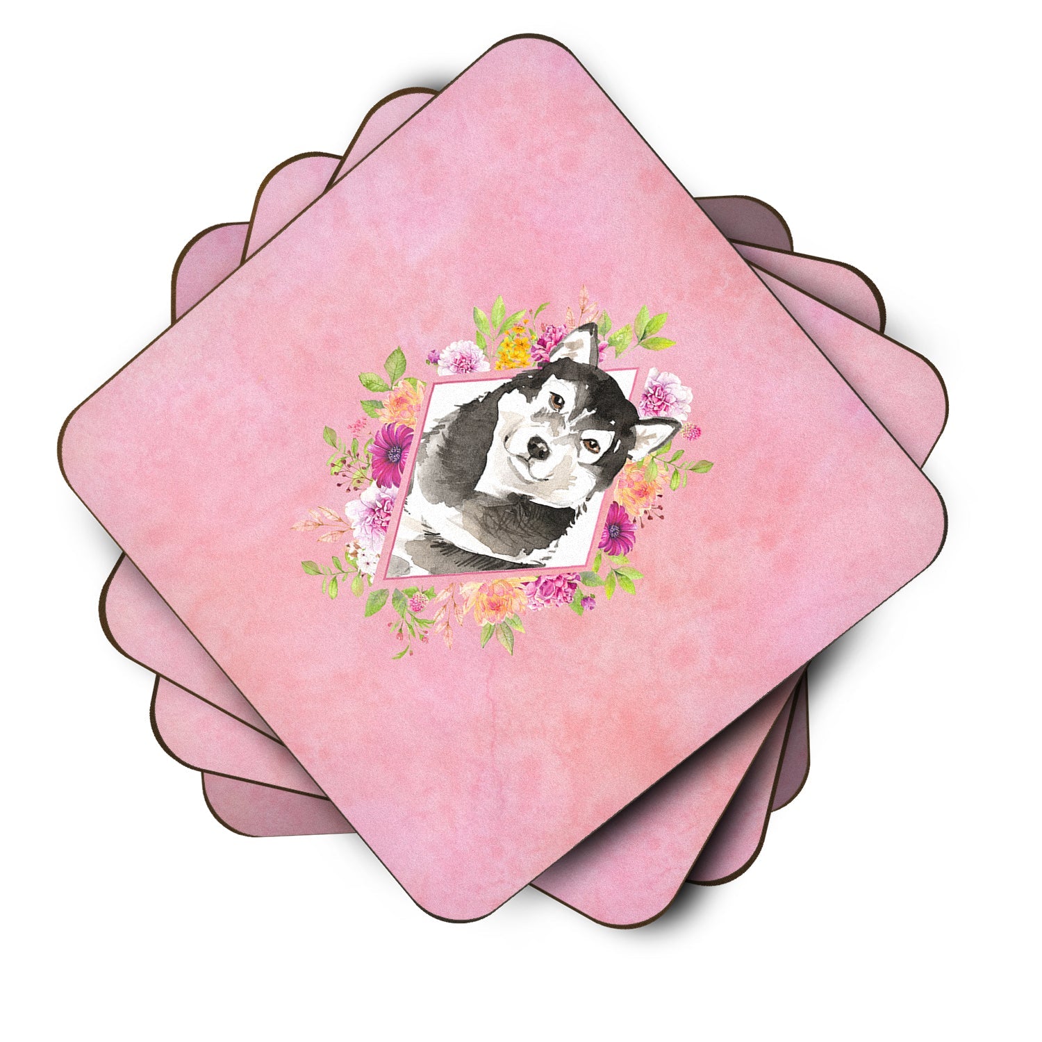 Alaskan Malamute Pink Flowers Foam Coasters Set of 4 Cup Coasters for Indoor Outdoor, Tabletop Protection, Anti Slip, Mouse pad Material