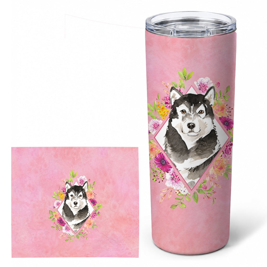 Alaskan Malamute Pink Flowers Stainless Steel Skinny Tumbler 20 oz Vacuum Double Walled Reusable Insulated Travel Cup